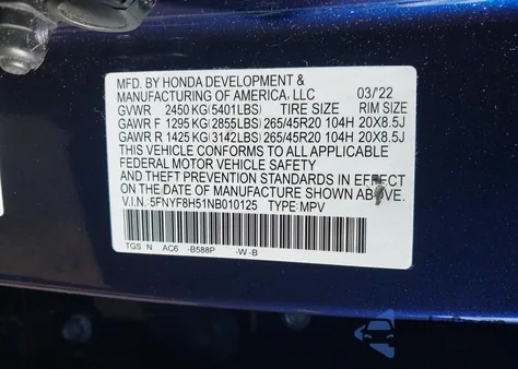 2022 Honda Passport Awd Ex-L from USA, damaged, VIN 5FNYF8H51NB010125